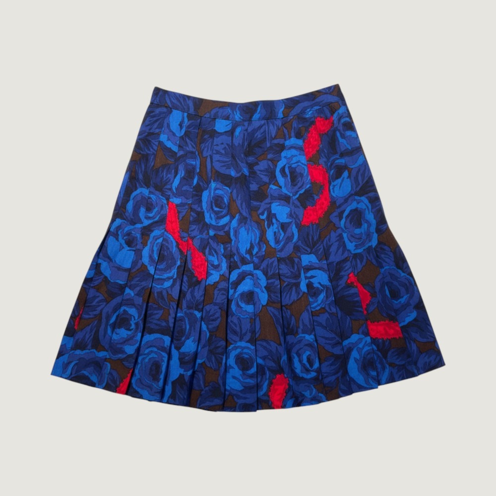 Vintage 80s Albert Nipon Blue Floral Wool Silk Pleated Knee Length Skirt